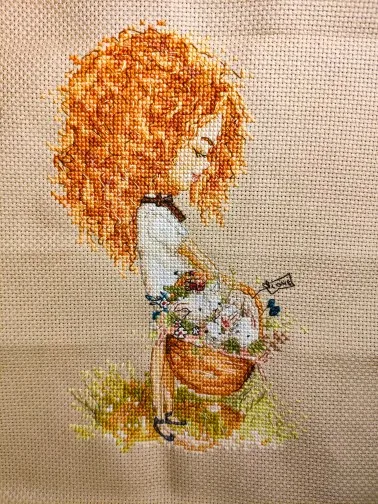 Curly girl with basket cross stitch kit Animal 18ct 14ct 11ct linen flaxen canvas stitching embroidery DIY