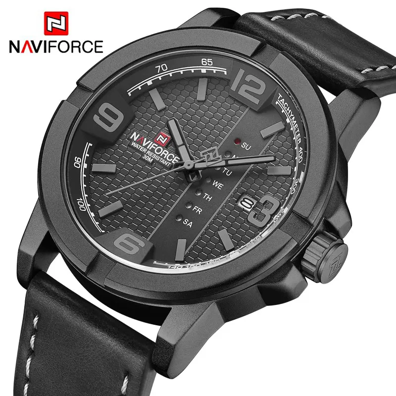 NAVIFORCE Casual Quartz Waterproof Watches for Men Mens Leather Big Dial Wristwatch Day and Date Display Clock Relogio Masculino