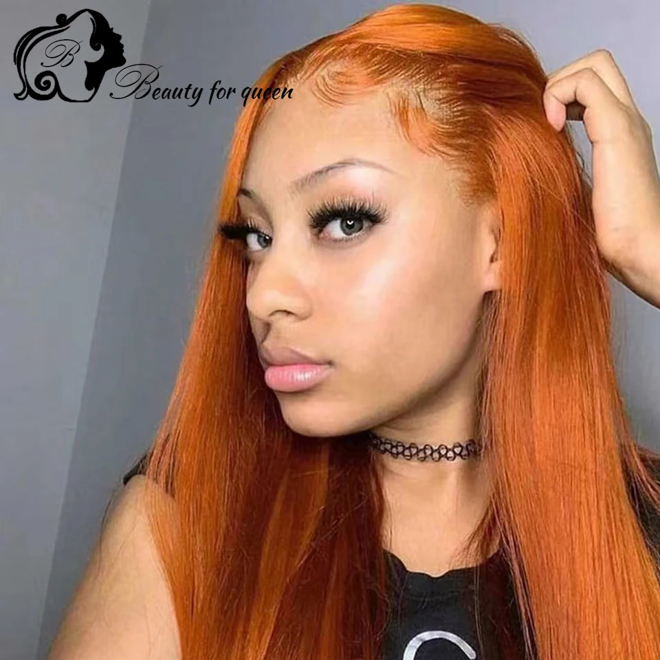 

Cosplay Brazilian Colored Human Hair Wig Transparent 13x4 Lace Frontal Wigs Ginger Orange Long Straight Wear And Go 200 Density