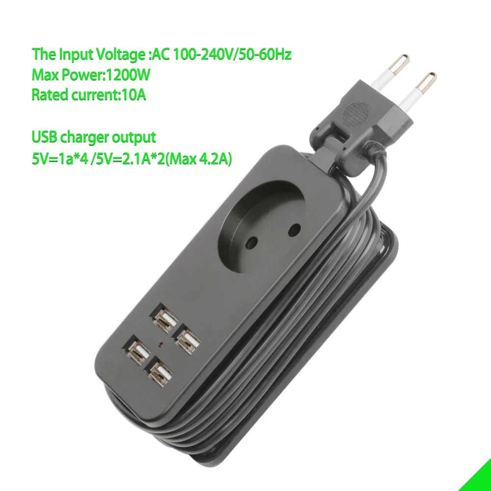 Ciabatta EU KC da 4.0mm/4.8mm con presa di prolunga portatile USB spina europea cavo da 1.5m adattatore da viaggio per ciabatta