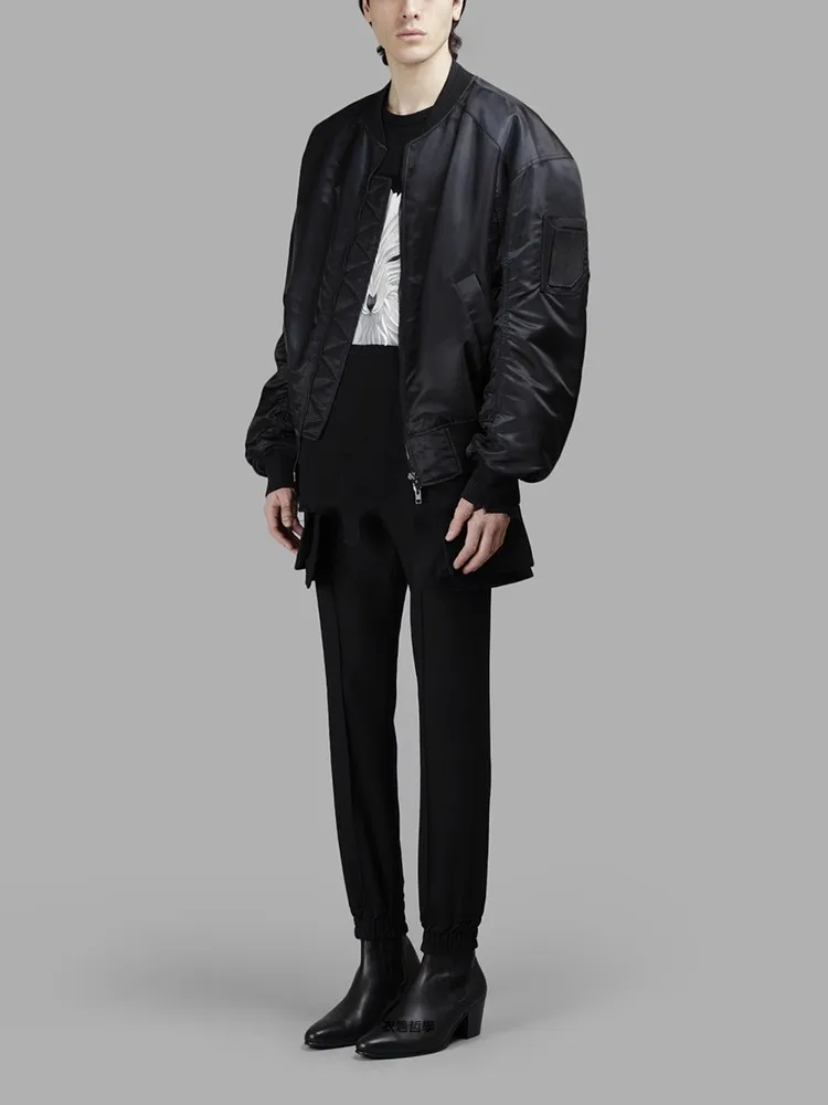 Spring and autumn new men's symmetrical big pocket belt design casual trousers slim elastic legs pencil trousers black trousers