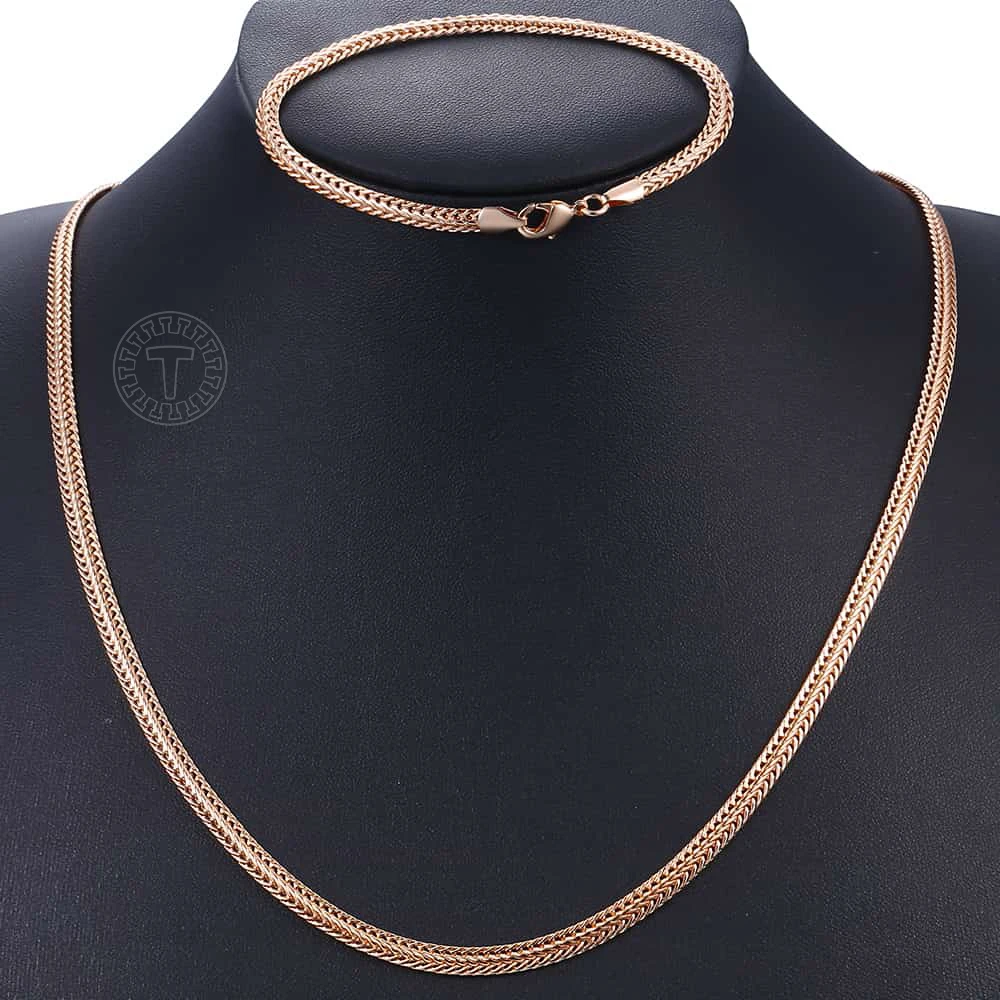 Women\'s Jewelry Sets 585 Rose Gold Color Necklace Bracelet Set Braided Foxtail Link Chain Fashion Wholesale Jewelry Gifts KCS01