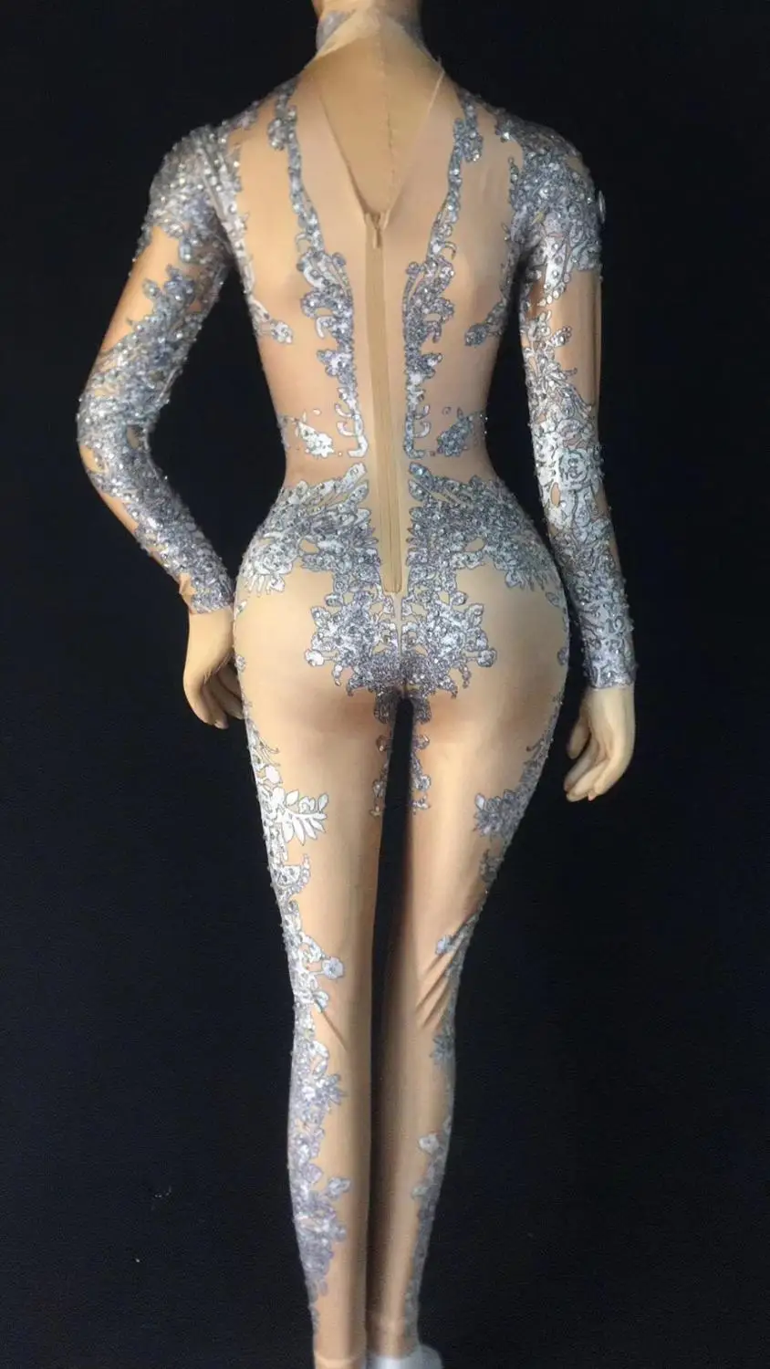 

Gray Pattern Jumpsuit Bright Big Rhinestones Stretch Leggings Nightclub Singer Dancer Show Wear Women's Prom Party Sexy Bodysuit