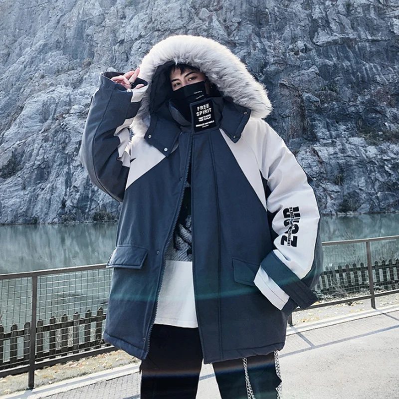 ผู้ชายฤดูหนาวเสื้อหนาอบอุ่น Parkas เสื้อขนสัตว์ Hooded แฟชั่น Outwear Windbreaker สบายๆบล็อกสีกระเป๋า