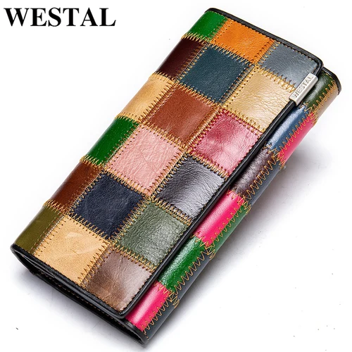 WESTAL-cartera de cuero para mujer, monedero bohemio, monedas y tarjetas, bolso de mano largo, muñequera
