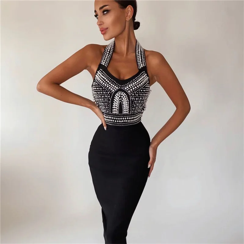 Top Quality High Street White Black Sexy Off Shoulder Sleeveless Beading Shining Knee Length Bandage Dress  2020 Celebrity Party