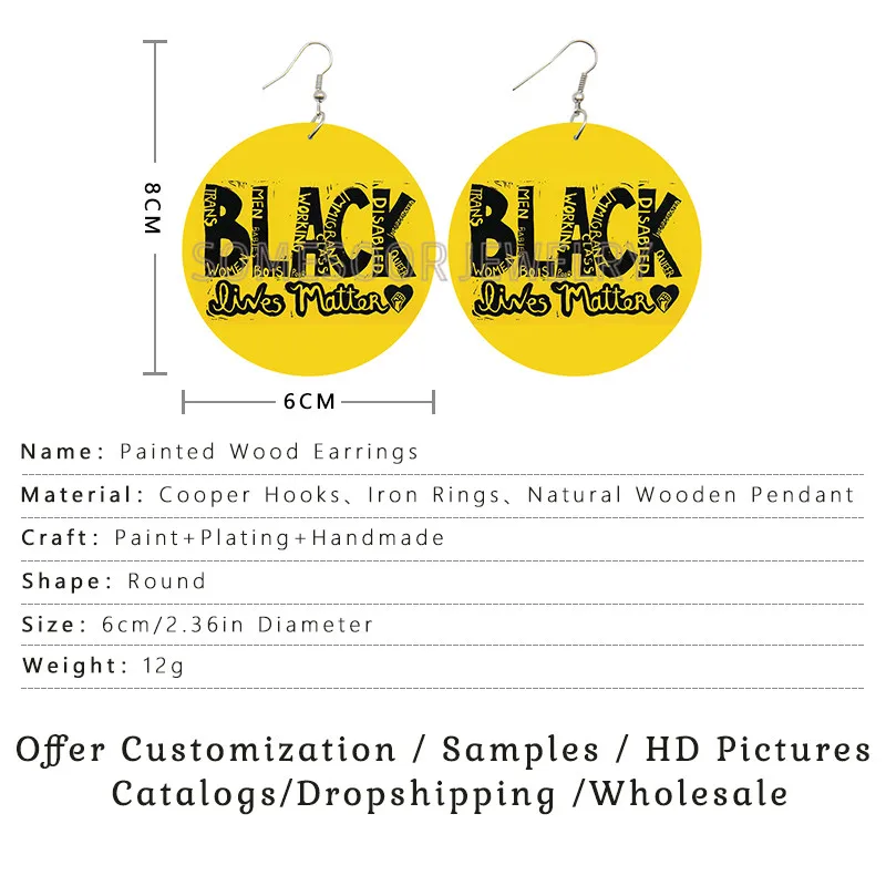 SOMESOOR Black Lives Matter Africa Colors Wooden Drop Earrings Melanin Power Fist Sayings Printed Loops Dangle Jewelry For Women