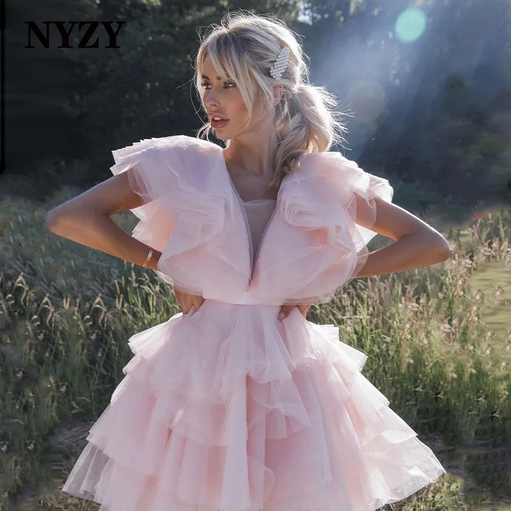 

C331 NYZY Tiered Ruffles Cap Sleeves Pink Cocktail Dresses 2021 Short Party Dress for Prom Graduation Homecoming