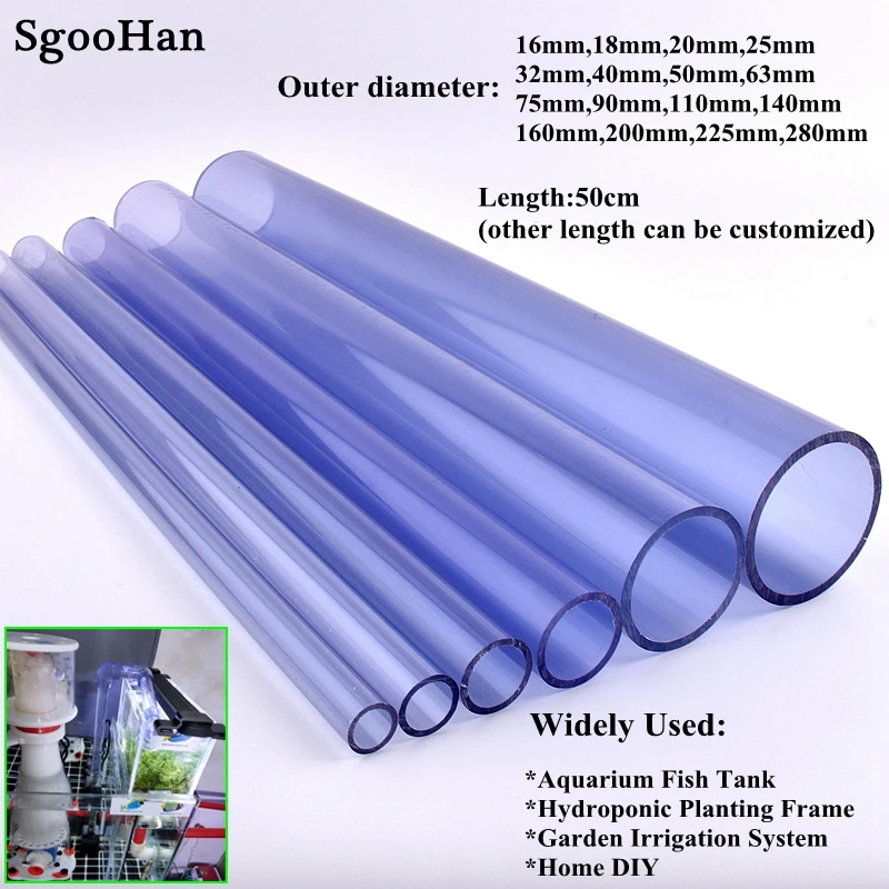 2PCS Big Size Outer Dia 16~90~280mm UPVC Transparent Pipe Aquarium Fish Tank Tube Garden Home Experimental Water Pipe 0.5M Long