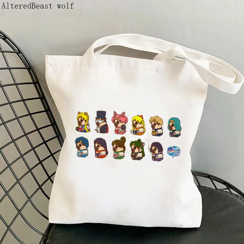 Women Shopper Puglie Sailor Meow Printed Kawaii Bag Harajuku Shopping Canvas Shopper Bag girl handbag Tote Shoulder Lady Bag