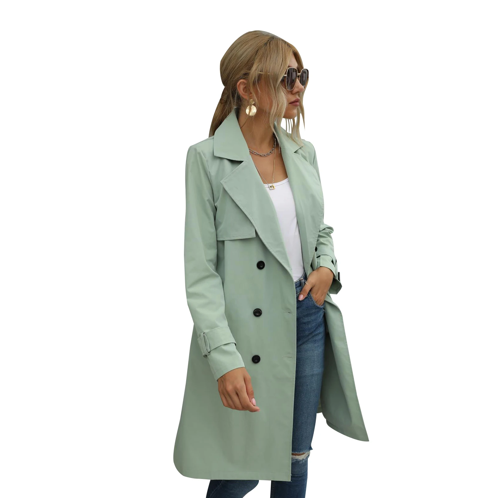 Fashion Women Casual Solid Color Coat Adults Autumn Elagant Long Sleeve Lapel Neck Double Breasted Belted Trench Coat