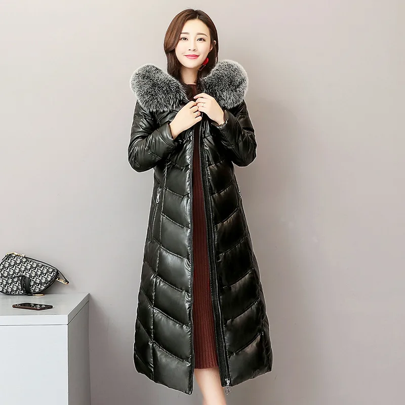 High Quality Sheep Leather Down Coat Winter Big Fox Fur Collar Hooded Jacket 2023 New Female Plus Size Thicken Warm X-Long Coat