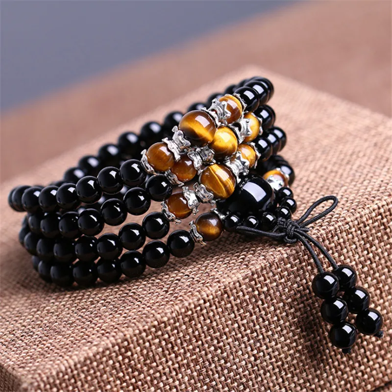 108 Beads 6 mm Obsidian Beaded Prayer Mala Rosary Bracelet Men Buddhist Buddha Meditation Tiger Eye Stone Bracelets For Women