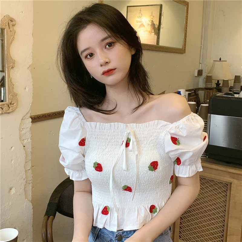 Off Shoulder Top Women 2021 Summer New Fruit Pattern Pleated Chiffon Shirt One Word Collar Puff Sleeve Short Crop Tops Blouses