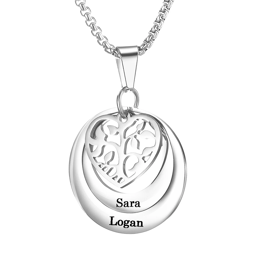 Custom Name Text Heart Life Tree Circle Pendant Stainless Steel Necklace for Women Men Couple Valentine's Day Jewelry Gift