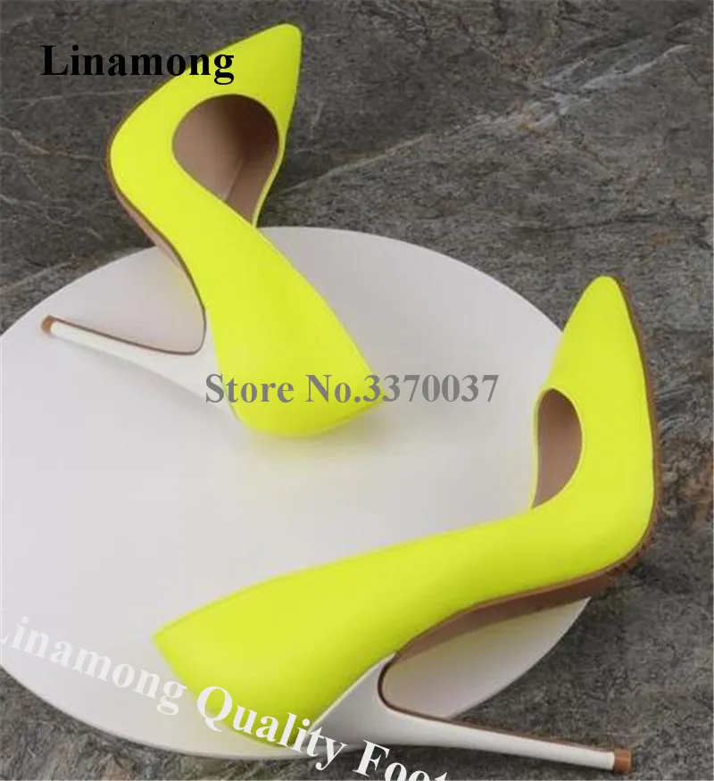 Linamong Brand Style Pointed Toe Patchwork Stiletto Heel Pumps Neon Yellow Pink Patent Leather White Heels Party Dress Shoes