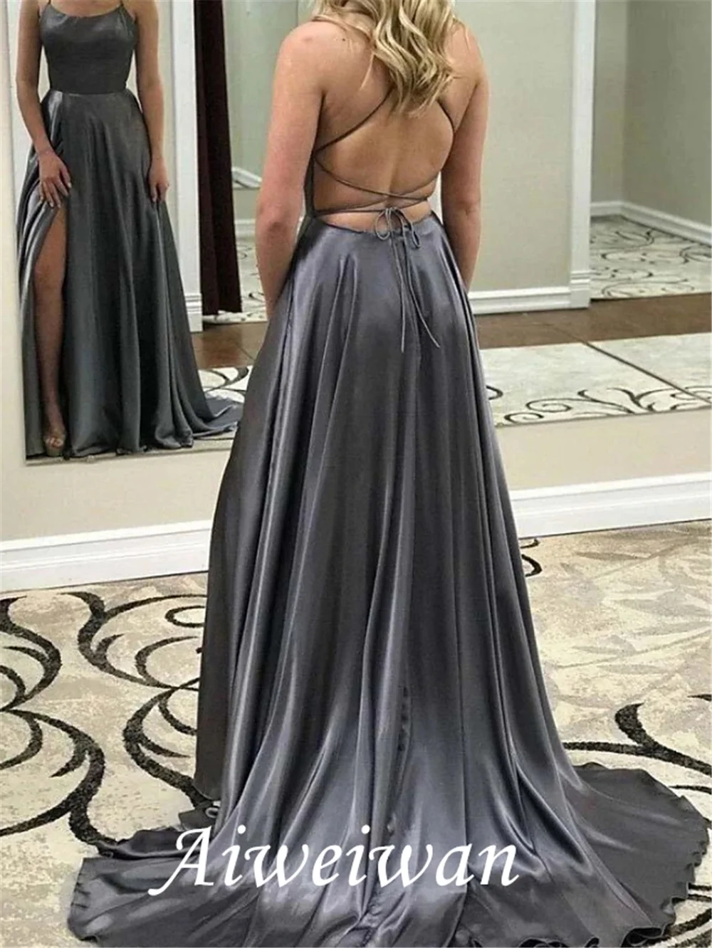 Vestido de novia Línea A con tirantes finos, tren para barrer/cepillo de gasa sobre satén sin mangas, Playa Sexy con 2021