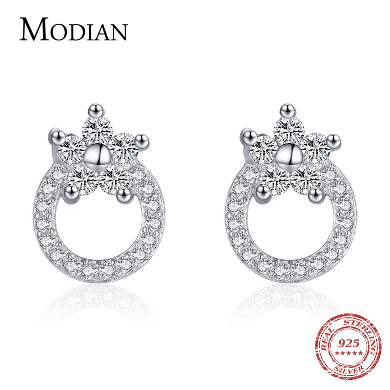 MODIAN 925 Sterling Silver Plant Flower Round Fashion Stud Earrings For Women Wedding Statement Fine Jewelry Daily Accessories