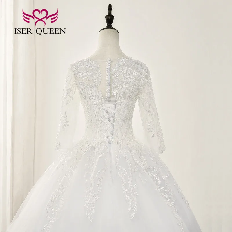 ที่กําหนดเอง 3/4 แขนลูกไม้ที่สวยงาม Appliques ชุดแต่งงานภาพลวงตากลับเรือคอบอลชุดแต่งงานชุด WX0162