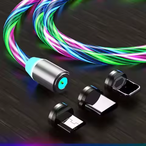 Mobile Phone Cable Magnetic Flow Luminous Lighting Charging Cord Charger Wire 1M-2M For Samaung Iphone Ipad LED Micro USB Type C