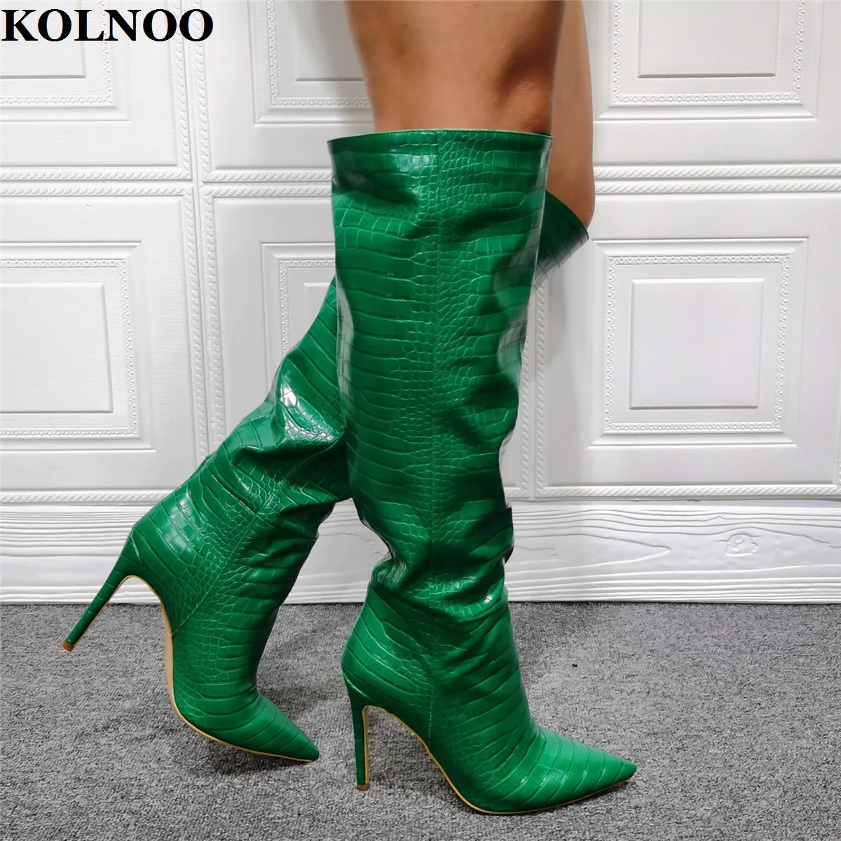 

Kolnoo Handmade Real Photos Womens High Heels Boots Pointed-Toe Sexy Party Dress Knee-High Boots Evening Fashion Winter Shoes