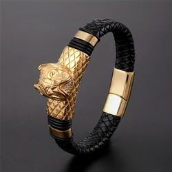Fashion Men's Punk Leather Bracelet Jewelry Dog Stainless Steel Magnetic Hip Hop Multilayer Men's Bracelet Bangles Accessories