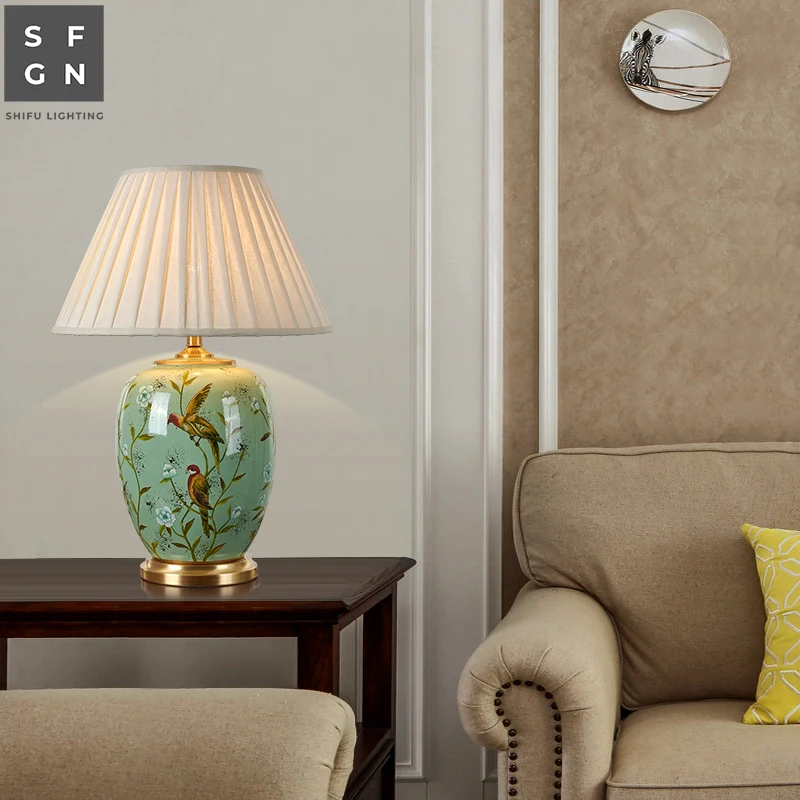 Copper Table Lamp American Style for Living Room Jingdezhen Ceramic Luxury Bedroom Bedside Lamp Decorated LED Lamps