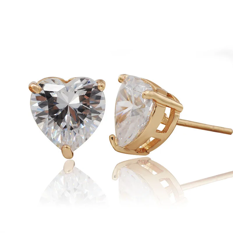 Wholesale Jewelry --  Single Heart CZ 9mm Stud Earrings for Women Gold Plated 18 k AAA+ Cubic Zircon