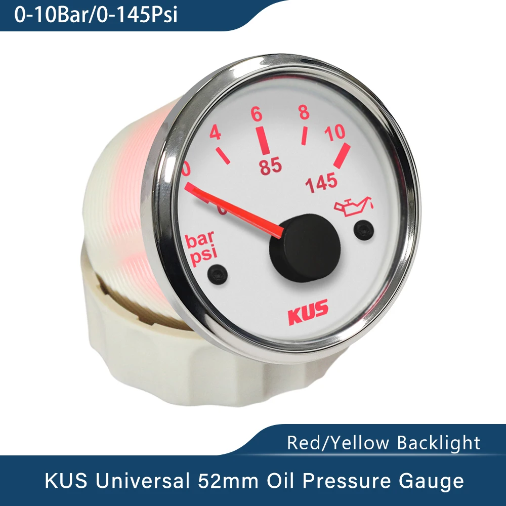 New KUS Boat Car Oil Fuel Pressure Gauge Meter 0-5 0-10 Bar with Red/Yellow Backlight 12V 24V 52mm(2\