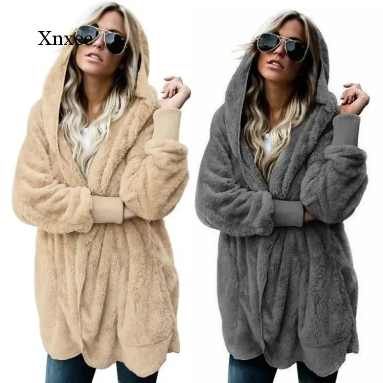 

Autumn Winter Jacket Female Coat Causal Soft Hooded Pocket Zipper Fleece Plush Warm Faux Fur Fluffy Women Jacket