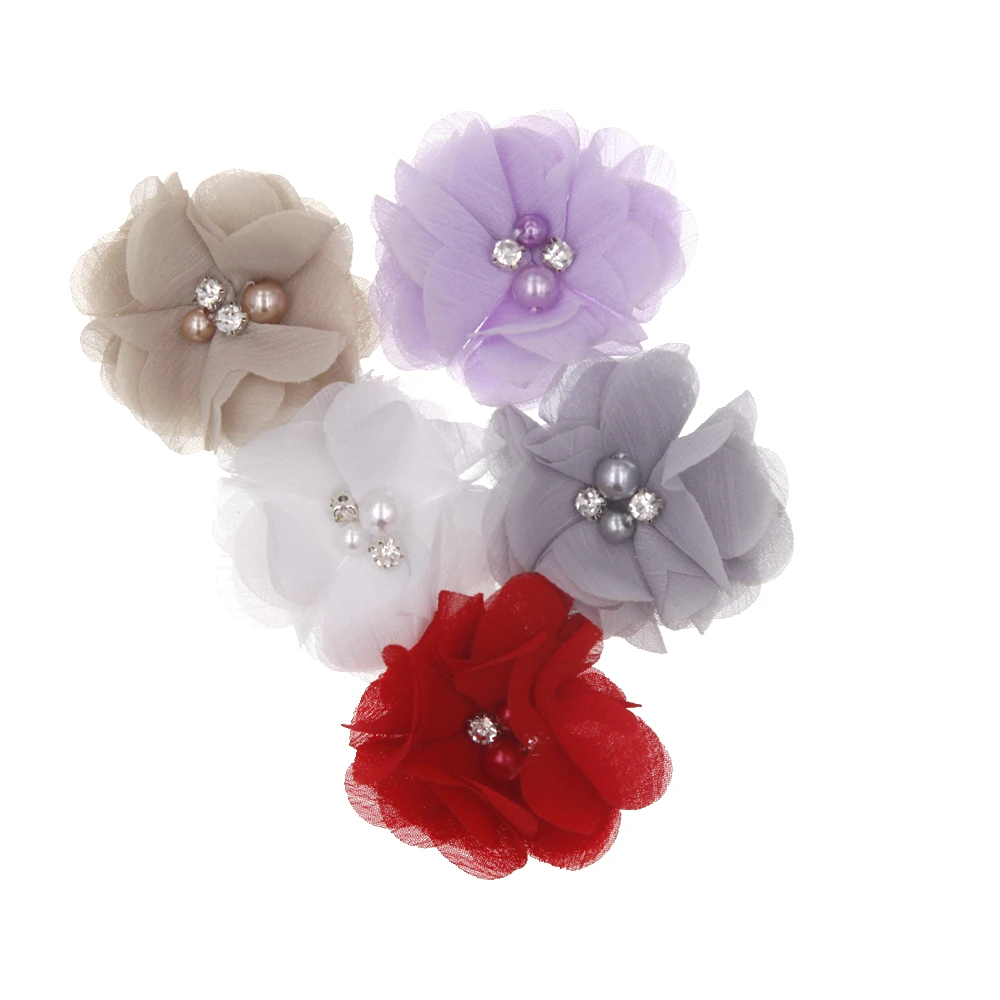 20PCS Pearl Rhinestone Chiffon flowers Hair Accessories DIY Flower Bouquet Flowers Decorations No Hair clips for headband