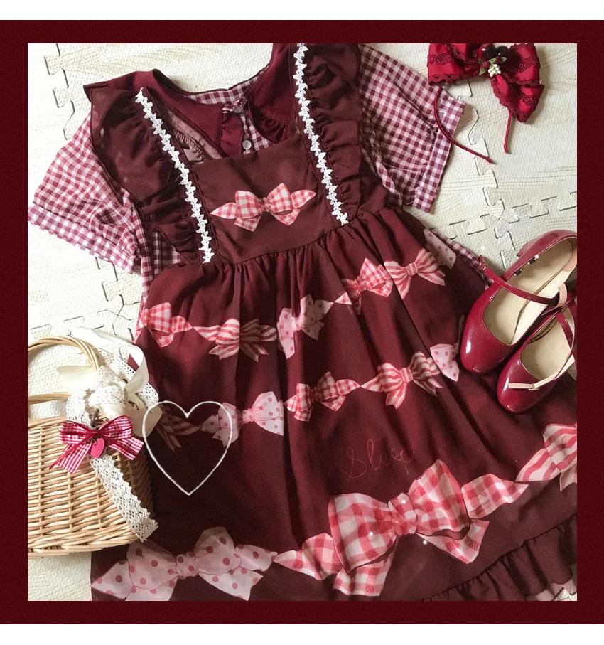 Bow-style sweet print chiffon ruffle dress lolita dress vintage falbala high waist printing victorian dress kawaii girl gothic