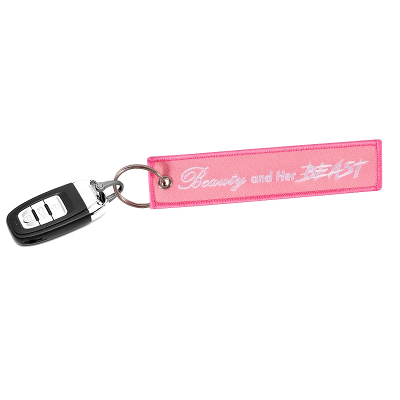 Motorcycle Keychain Jewelry Embroidery Beauty and Her Beast Car Key Ring Chain for Women Gifts Luggage Tags Pink Key Chians