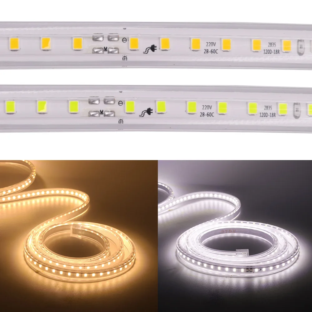 Fita conduzida flexível 120led/m impermeável da fita do diodo emissor de luz smd2835 da luz de tira ac220v com plugue do interruptor da ue/reino unido para a decoração de casa