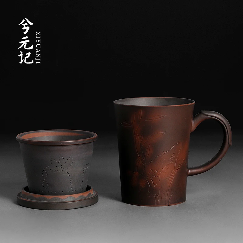 |Jianshui purple pottery carving jump knife pure hand carved Mug office cup gift box tea cup with cover filtration