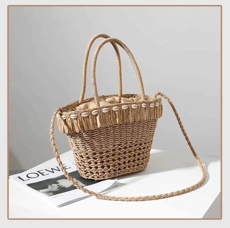 Shell Tassel Straw Woven Bag Woven Bag Women\'s Shoulder Portable Leisure Holiday Hollow Beach Bag Straw Bag New