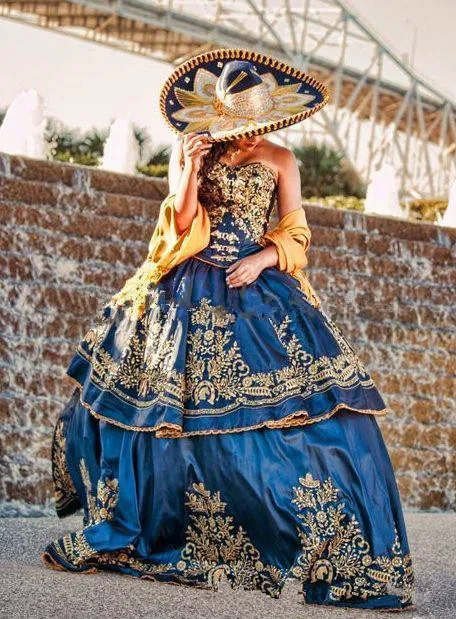 Vestido de quinceañera mexicana con detalles de lujo, bordado dorado, para baile de graduación, Azul Real, 16 niñas, 2019