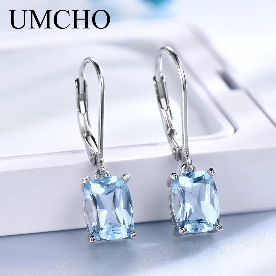 UMCHO oryginalna 925 Sterling Silver Sky niebieski Topaz spadek kolczyki elegancki kamień ślub biżuteria zaręczynowa dla kobiet prezenty