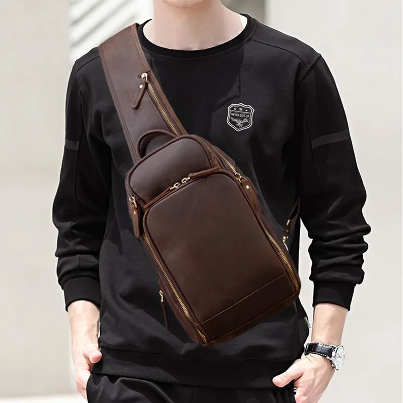 Skórzana męska torba na klatkę piersiowa Vintage skóra bydlęca USB ładowanie letnia torba podróżna w stylu Crossbody torba na ramię typu Sling Crossbody torby