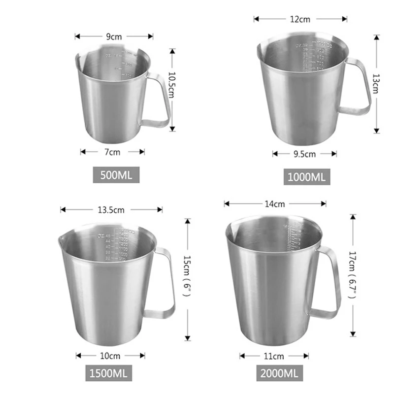 1Pcs measuring cup 500ml 1000ml 304 stainless steel Thickened measuring cup 1500ml 2000ml Kitchen Tools for coffee/milk