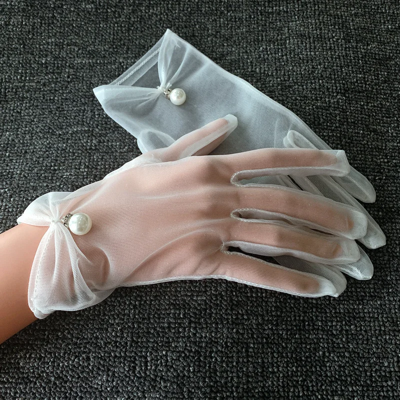 Hohe Qualität Chiffon Hochzeit Handschuhe Weiße Kurze Bogen Perle Finger Frauen Braut Handschuhe Hochzeit Zubehör