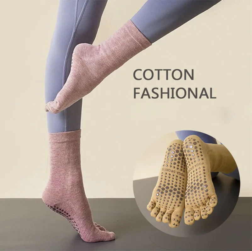 

Yoga Socks Five Fingers Womans Mid-Tube Autumn Winter Warm Harajuku Cotton Non-Slip 5 Toes Grip Floor Trampoline Pilates Socks