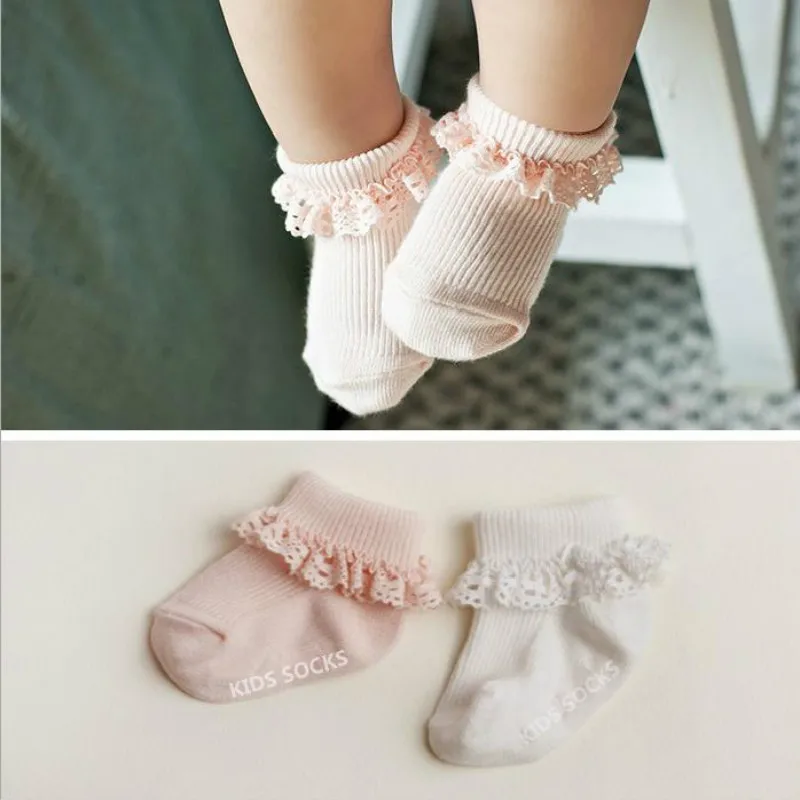 Spring Autumn Baby Sock Lace Non-slip Floor Cotton Socks For 0-2 Years Old Pure Color 12 Pairs/lot