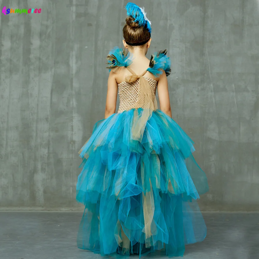 طبعة محدودة فاخرة الفتيات الطاووس توتو فستان مع مطابقة عقال متعدد الطبقات الاطفال مهرجان تول فستاين سهرة/فساتين الحفلات الطاووس زي #5
