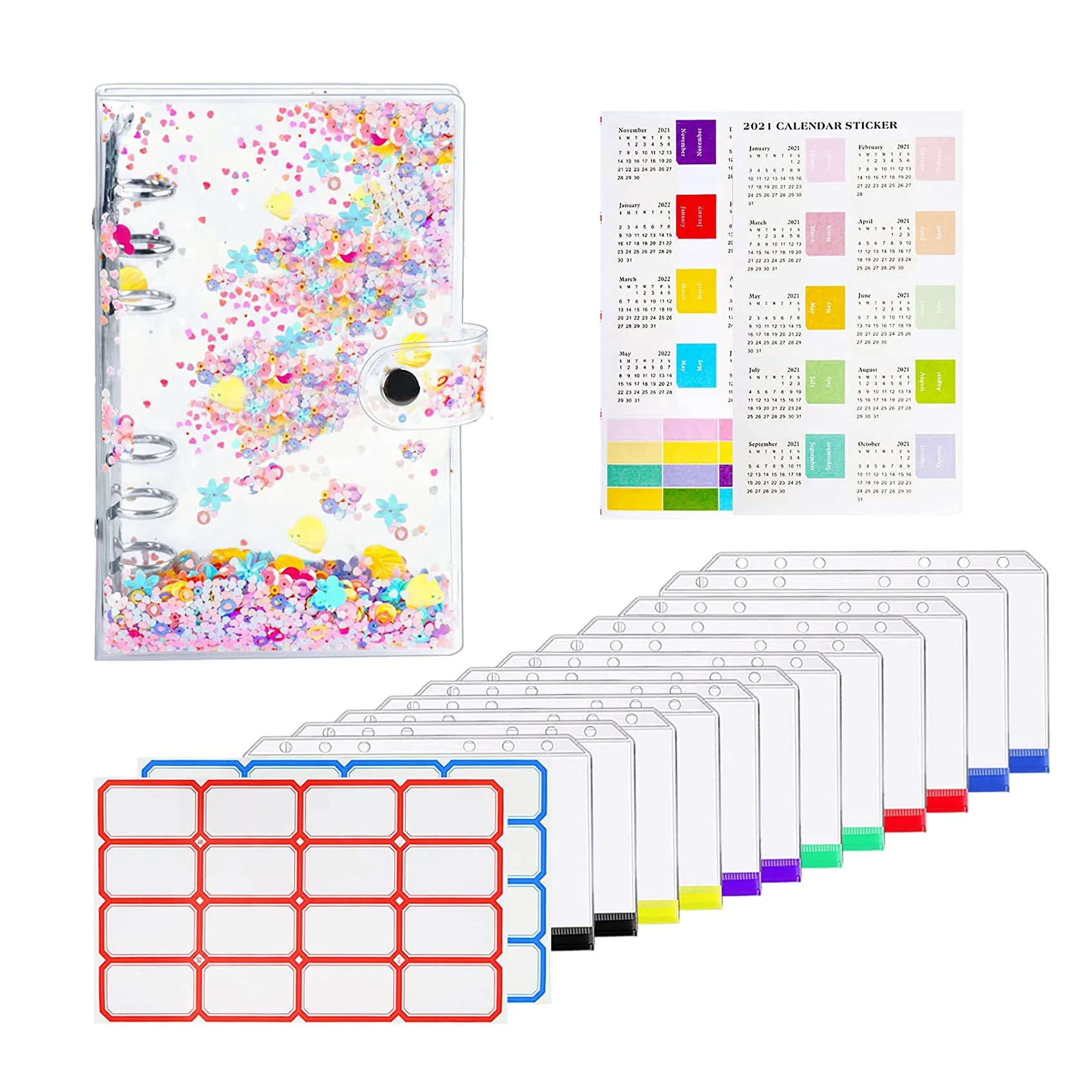 A6 Soft PVC Notebook Binder Cover Planner Protector with 12 Zipper Pockets Folders/Index Label Sticker for Cash Budget Envelope