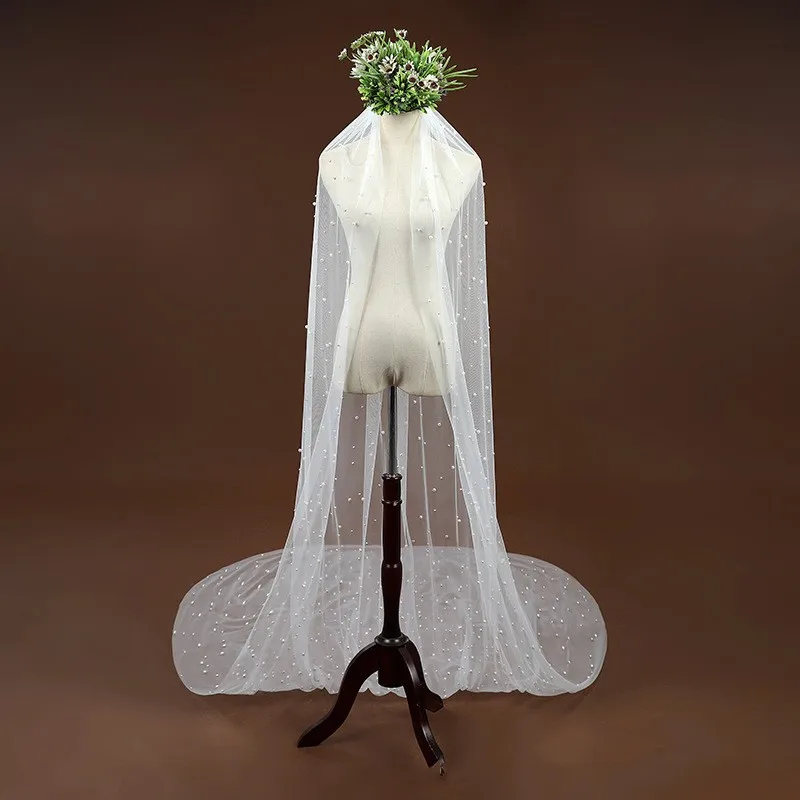 Eleganter elfenbeinfarbener Kathedralen-Hochzeitsschleier mit Perlen, Brautschleier, Hochzeitsaccessoires, Mariage Boda Velos de Novia, Brautschleier