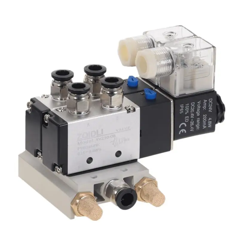 2 Way 4V210-08 Pneumatic DC12V DC24V AC110 AC220 Solenoid Valve w Base Push In Connectors Silencer