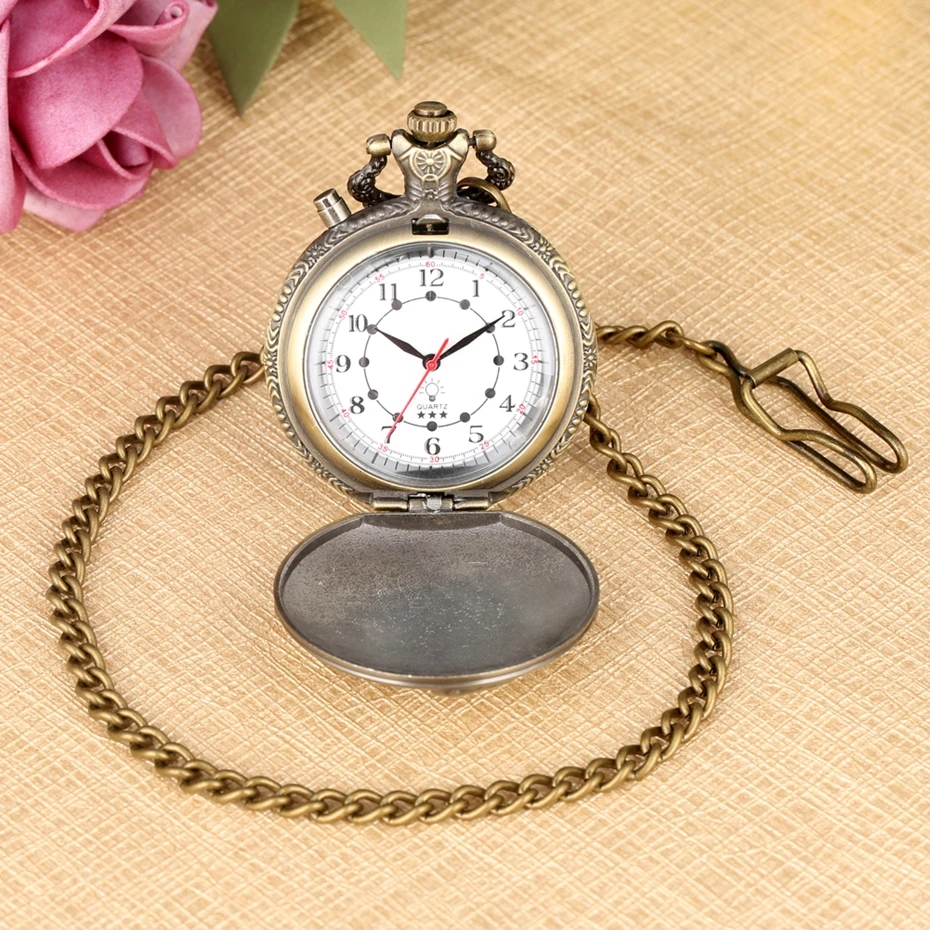 LED Flash Luminous Vintage Dial Quartz Pocket Watch Chain Bronze Carved Steam Train Steampunk Motor Railway Retro FOB Clock Hour