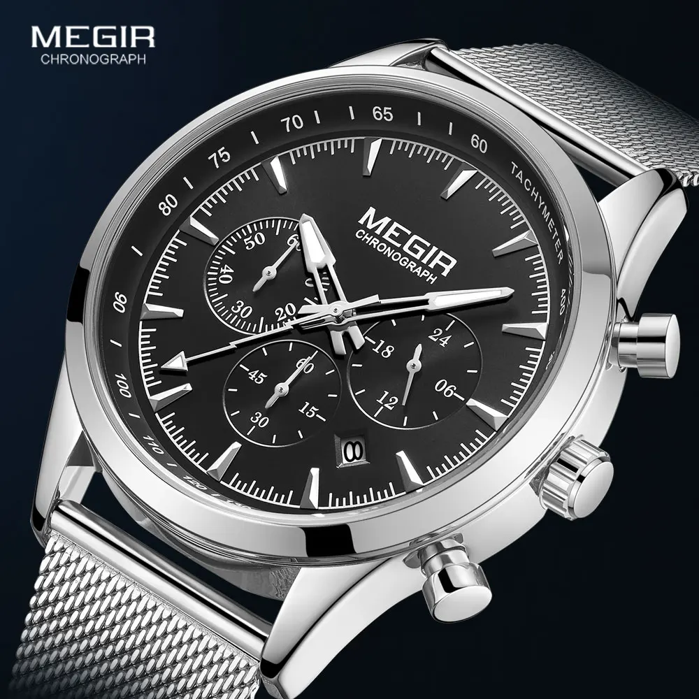 MEGIR Men\'s Watches Fashion Stainless Steel Mesh Strap Chronograph Quartz Watch Man Luxury Waterproof Luminous Wristwatch 2153