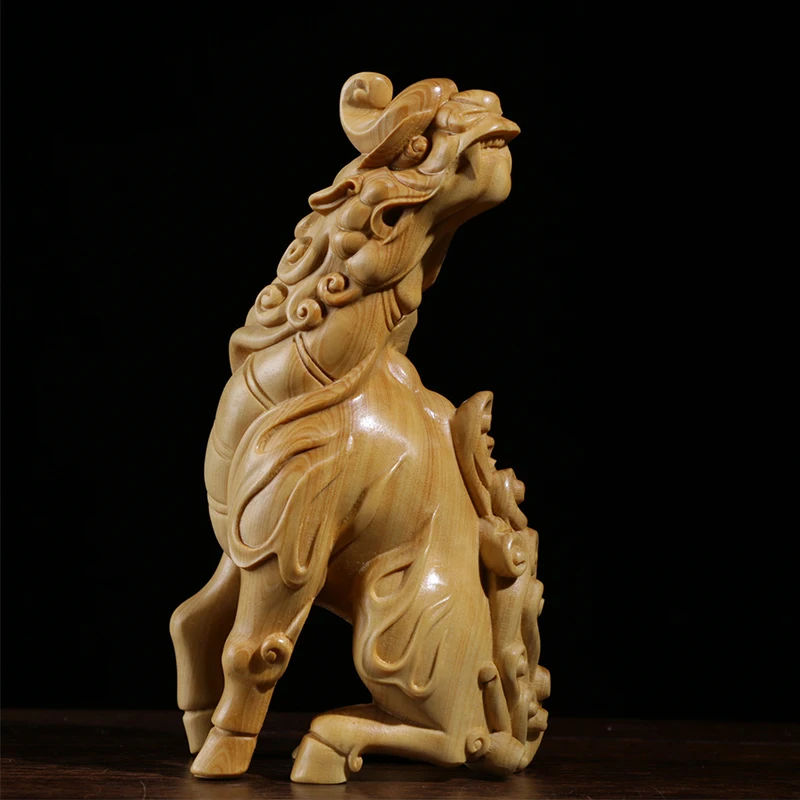 Miniature Boxwood Sculpture of Seated Qilin - Fine Carved Dragon’s Descendant Ornament for Display